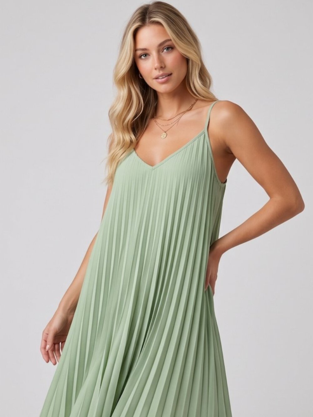 Pleated Spaghetti Strap Mini Dress Green